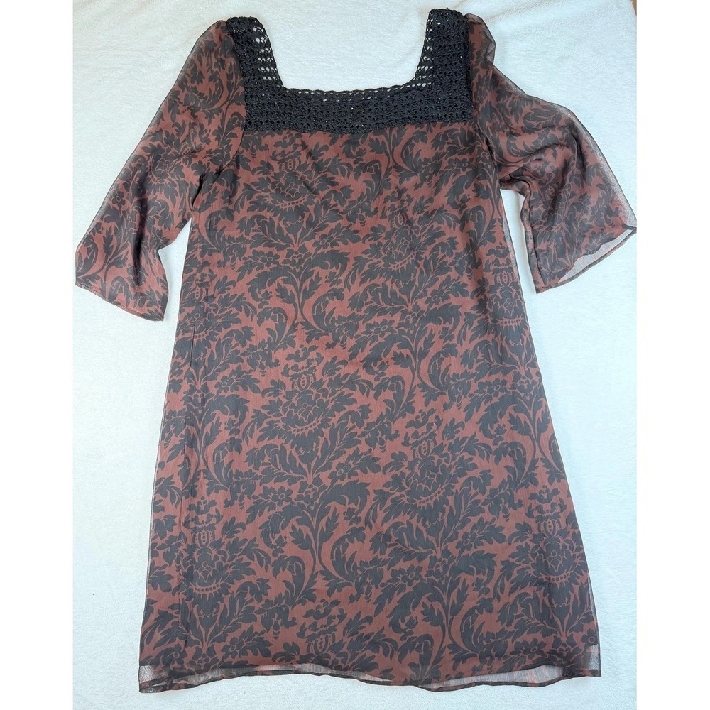 Vertigo‎ Paris Dress Womens M Brown Floral Chiffon Crochet Shift Knee Length